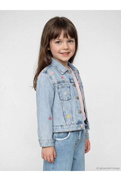 LC Waikiki Lcw Kids Blue Shirt Collar Flowered Girl Child Jean Jacket with Ne...