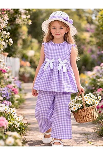 Kuzucuk Kids Bebek Çocuk Butik Kız Çocuk Şapkalı İkili Takım Mor Pötikare 4-9...