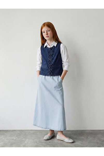 LC Waikiki Nevavm Girls' Jean Skirt with Elastic Waist and Difference in Color