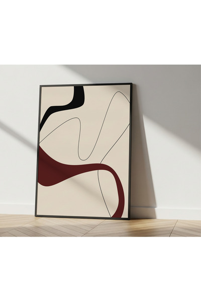 Rosaart Minimal Bordo Soyut Ahşap Çerçeveli Tablo–Modern Akışkan Form Krem Ze...