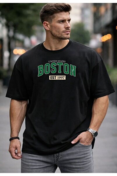 LELVANİ Men United States Boston Text Printed Tshirt