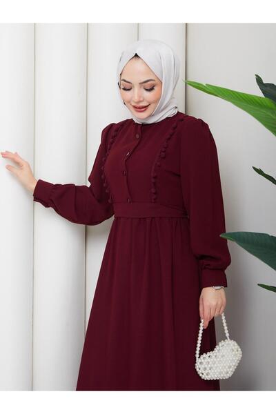 RETA MODA Women's Pompom Detailed High Collar Hijab Dress - Burgundy
