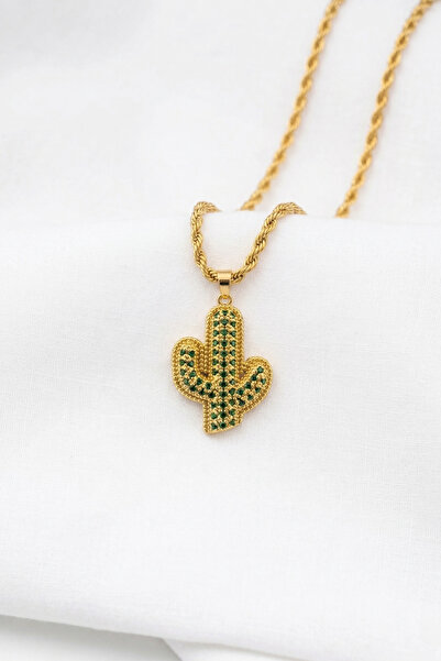 özgül takı ve tasarım Cactus Model Green Zircon Stone Gold Color Stainless St...