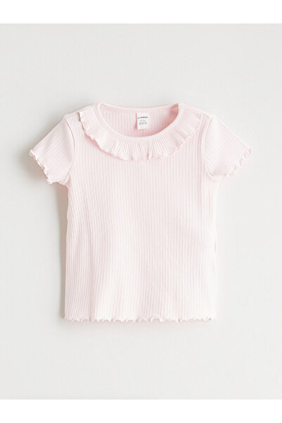 LC Waikiki Lcw Kidspink Crew Neck Ribbed Girls' T-Shirt with Ruffle Detail