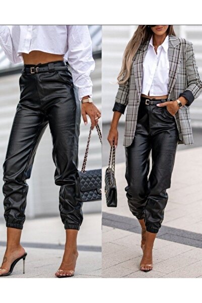 COjans Women's Leather Trousers with Elastic Legs (without belt)