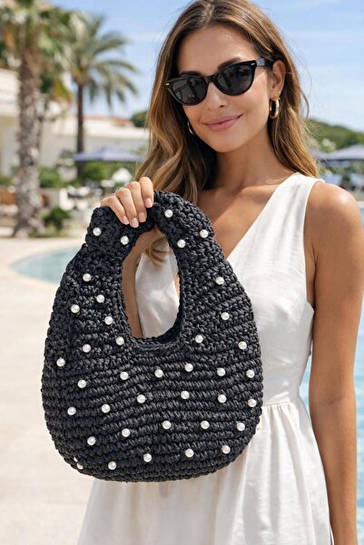MARBERRY Μαύρη γυναικεία τσάντα από ψάθα με κέντημα μαργαριταριών