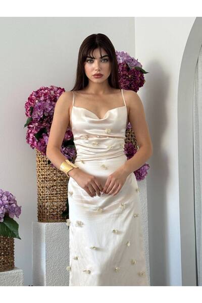 YURELİ Çiçek Aplike Saten Uzun Elbise