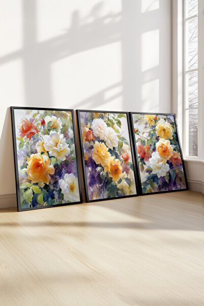 STARYUNA Σετ τριών πινάκων με θέμα το μπλε λουλούδι και μαύρο ξύλινο πλαίσιο ...