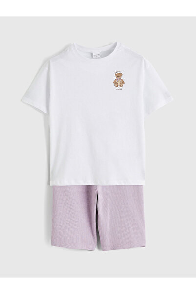 LC Waikiki طقم بيجامة قصيرة للفتيات من Peak New Season Crew Neck مطبوع