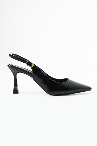 Sira Official Luna Black Rustic Open-Back Thin Heeled Shoes