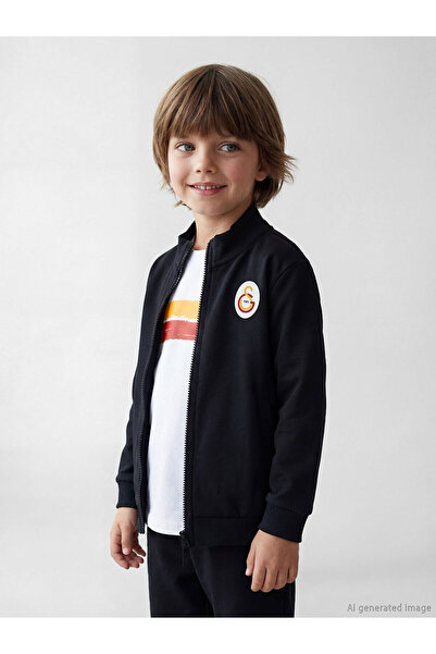 LC Waikiki Black Galatasaray Printed Boys' T-Shirt and Zip-Up Sweatshirt