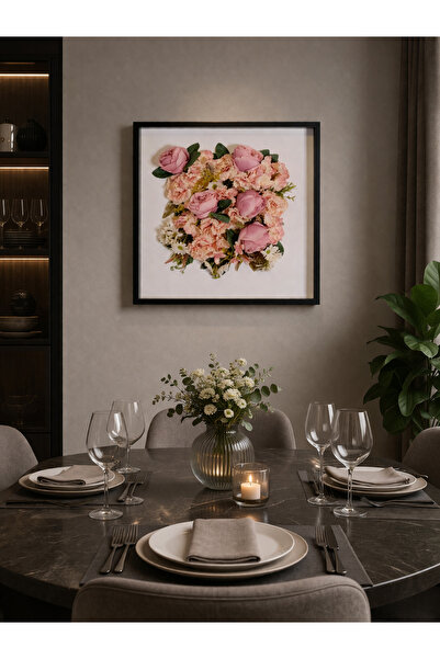 50x50 cm Lüks Aranjman Üç Boyutlu Çiçek Tablo - Siyah Çerçeveli Premium Duvar Sanatı Solmayan Çiçek