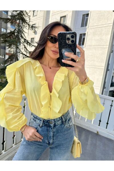 LİNDALİNA TEKSTİL Women's Comfortable Fit Cotton Shirt with Ruffle Detail