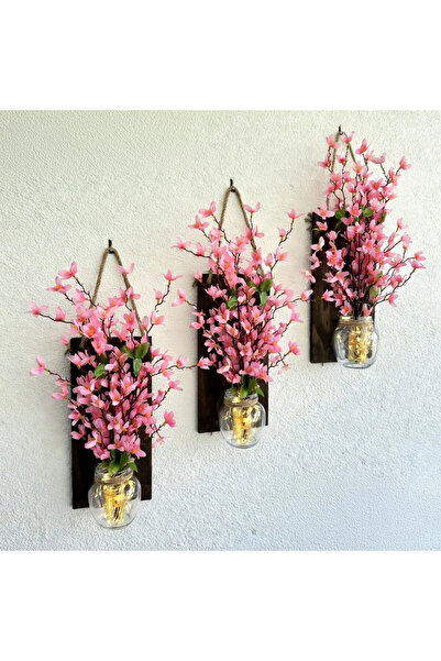 STDEKOR Led Işıklı, Pembe Sakura Çiçekli Duvar Dekoru ÜÇLÜ Set, Ceviz