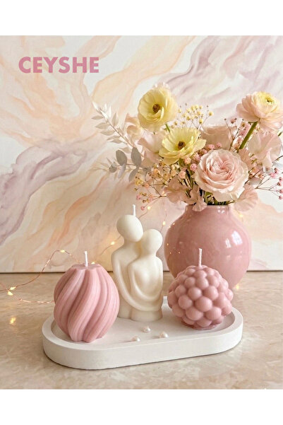 CeyShe Dekoratif 3'lü Kokulu Mum Seti ve Beton Tabak Ev Hediyesi Salon Dekora...