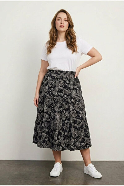 Stil Diva Plus Size Elastic Waist Pleated Floral Patterned Skirt with Stretch...
