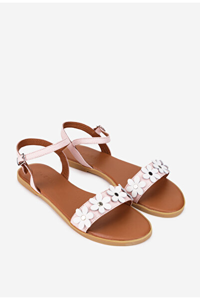 Dasha Sandale dama din piele texturata roz pudra cu ornament flori