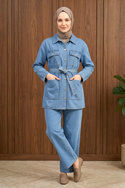 FERHEL Women's Buttoned Pocket Denim Jacket and Denim Trousers Set - Blue