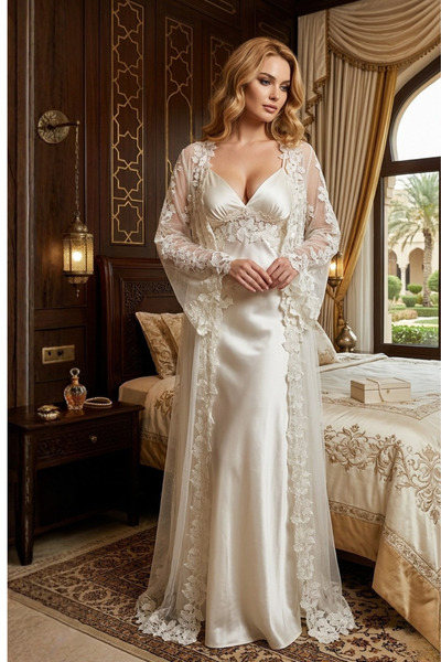 big mama Luxury Bridal Set - Silk Satin Lace Robe and Nightgown Set