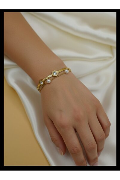 Multi JEWEL Steel Double Chain Bracelet with Pearls and Zircon Stones