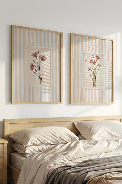 Ayabak Çerçeveli Poster 2'li Set Minimal Çiçek Desenli - Dekoratif Mutfak - S...