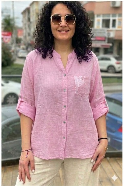 AYASOFYA OTANTIK Γυναικεία Ιταλική Ροζ Μπλούζα με Γιακά με Πατιλέτες, Λεπτομέ...