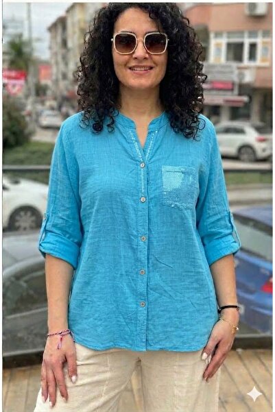 AYASOFYA OTANTIK Women's Italian Turquoise Collared Shirt with Sequin Detail,...