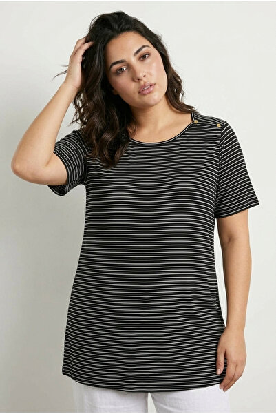 Stil Diva Plus Size Crew Neck Short Sleeve Striped Long T-Shirt with Snap Sho...