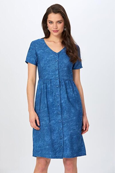 İKİLER Önü Düğmeli Kısa Kol Desenli Elbise 026-4009