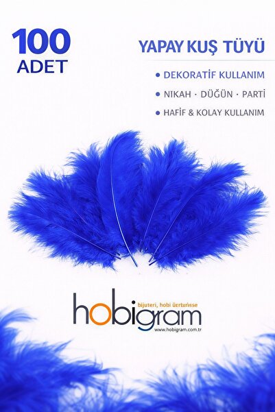Hobigram Premium Yapay Kuş Tüyü 100 Adet Saks Mavi Ekonomik Paket Nikah Düğün...