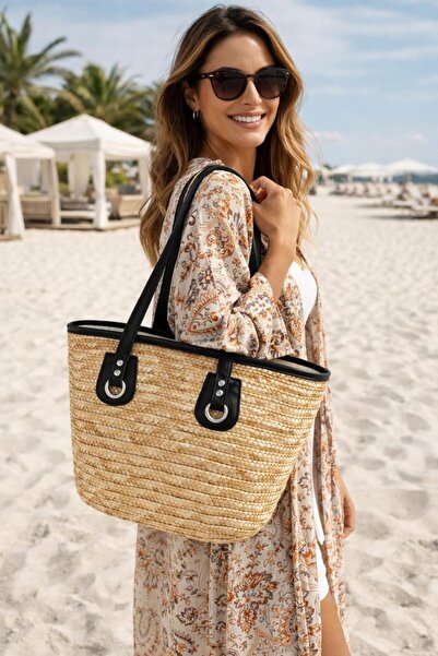 MARBERRY Μπεζ δερμάτινο λουράκι, ψάθινη γυναικεία τσάντα μεσαίου μεγέθους