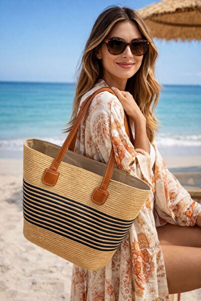 MARBERRY Μαύρη δερμάτινη ψάθινη γυναικεία τσάντα με λεπτομέρεια σε σχέδιο ρίγ...