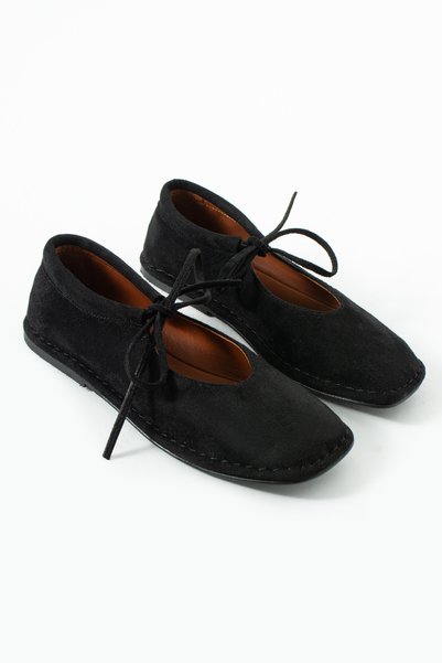 Sira Official Bella Lace Detailed Black Suede Genuine Leather Ballerinas