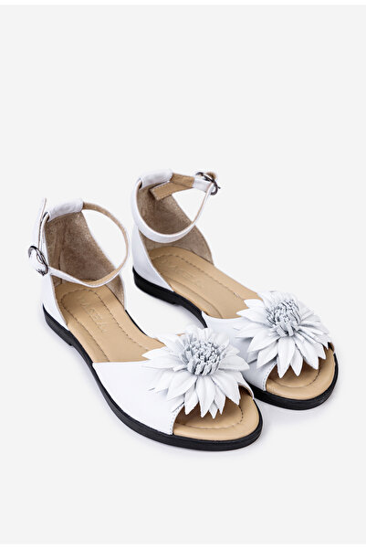 Dasha Sandale dama albe din piele cu ornament floare