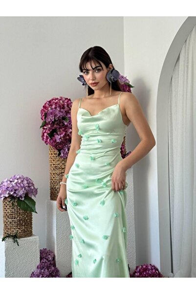 YURELİ Çiçek Aplike Degaje Yaka Saten Elbise