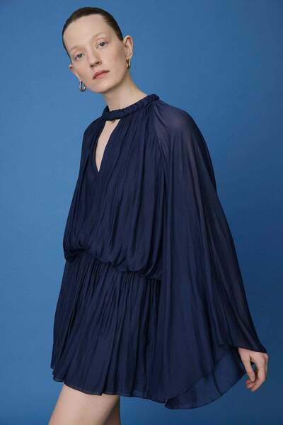 rue Örgü Yaka Volan Kollu Mini Lacivert Elbise