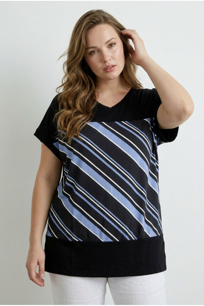 Stil Diva Tricou cu mânecă scurtă, cu decolteu în V, cu dungi, din lycra și v...