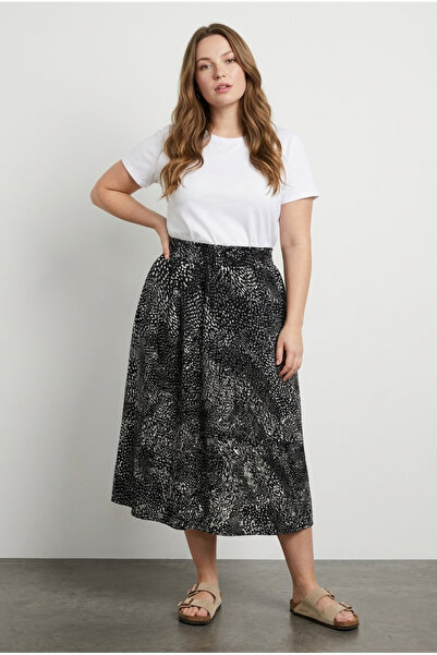 Stil Diva Plus Size Elastic Waist Pleated Patterned Skirt with Stretchy Fabric