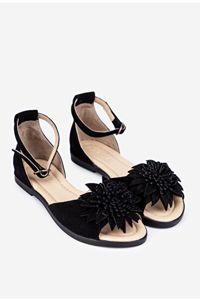 Dasha Sandale dama negre din piele intoarsa cu detaliu floare