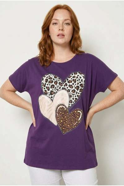 Stil Diva Tricou cu mânecă scurtă, cu decolteu rotund, imprimat, din bumbac L...