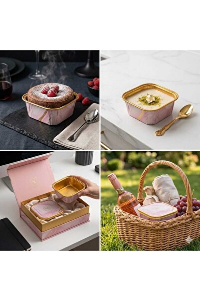 LOVYCO Pembe Mermer Desenli Altın Varaklı Isıya Dayanıklı 10'lu Sütlaç ve Tatlı Kabı Seti 8,5CMX8,5CM