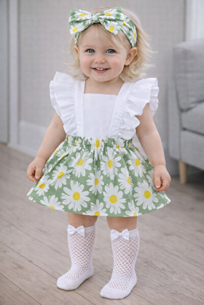 ŞAPKAKİDS Kız Çocuk Yeşil Papatya Desen Fırfırlı Slopet Bandana Beyaz File Ço...