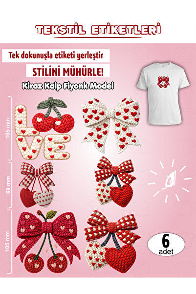 AGG Reklam Ütü ile Yapışan Kıyafet Etiketi Kiraz Kalp Fiyonk Temalı 6Lı Set