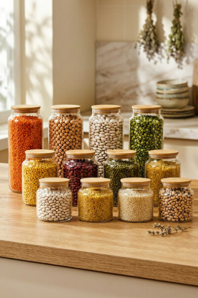 Snippy Noze - Karma 12'li Bambu Kapaklı Cam Saklama Kabı Sızdırmaz Vakum Kapa...