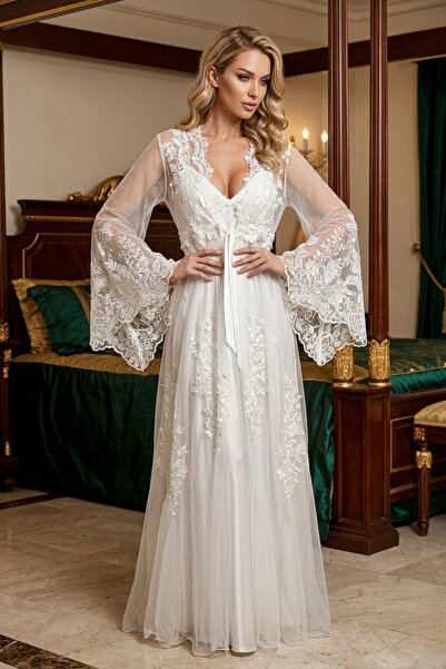 big mama Luxurious Bridal Robe, Long Nightgown with Lace and Silk Texture Ele...
