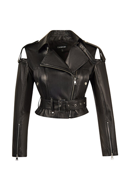 Derimod Avanti Women's Black Off-Shoulder Short Biker Leather Jacket 26Sgd5672U7