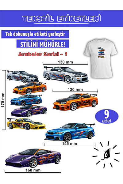 AGG Reklam Ütü ile Yapışan Kıyafet Etiketi Arabalar Serisi 9Lu Set
