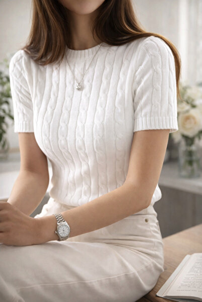 pepule Women's Ribbed Knitwear T-Shirt Short Sleeve Slim Fit Soft Textured