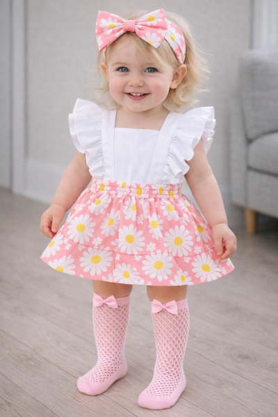 ŞAPKAKİDS Kız Çocuk Pembe Papatya Desen Fırfırlı Slopet Bandana Pembe File Ço...