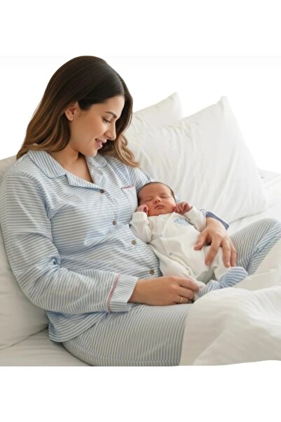 BEGONYA BEBECE KIDS Anne bebek lohusa takim çizgili nakışlı lohusa anne bebek...